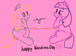 Size: 1150x845 | Tagged: safe, artist:milliemuffins, imported from derpibooru, derpy hooves, twilight sparkle, female, heart, heart eyes, holiday, lesbian, milkshake, pink background, shipping, simple background, twerpy, valentine's day, wingding eyes