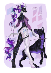 Size: 2480x3508 | Tagged: safe, artist:kisullkaart, imported from derpibooru, rarity, anthro, doberman, dog, unicorn, alternate hairstyle, latex, latex suit, mask, ponytail, purple, simple background, solo