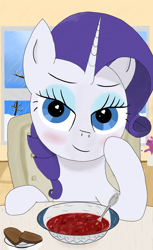 Size: 1038x1698 | Tagged: safe, artist:raritymylove, imported from derpibooru, cheerilee, rarity, pony, blushing, bread, cute, date, eyelashes, eyeshadow, food, heart, heart eyes, looking at you, loving gaze, makeup, restaurant, romantic, smiling, smiling at you, solo, soup, wingding eyes