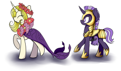 Size: 1024x604 | Tagged: safe, artist:princessfaeron, imported from derpibooru, oc, oc only, oc:dawn blade, oc:shiny stone, pony, unicorn, armor, clothes, dress, female, guardsmare, mare, royal guard, simple background, transparent background