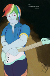 Size: 2000x3000 | Tagged: safe, artist:emeraldcastle, imported from derpibooru, rainbow dash, human, equestria girls, album cover, album parody, electric guitar, eyebrows, female, frown, guitar, high res, looking down, musical instrument, solo, yngwie malmsteen