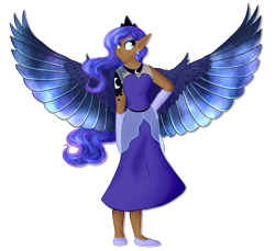 Size: 1024x936 | Tagged: safe, artist:princessfaeron, imported from derpibooru, princess luna, human, alternative cutie mark placement, clothes, dress, elf ears, ethereal wings, humanized, moderate dark skin, simple background, solo, transparent background, winged humanization, wings