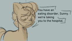 Size: 1139x651 | Tagged: safe, anonymous artist, imported from derpibooru, part of a set, hitch trailblazer, earth pony, pony, series:anorexic sunny, anorexia, concerned, floppy ears, g5, implied sunny starscout, limited palette, looking down, male, offscreen character, open mouth, part of a series, shadow, sketch, solo, speech bubble, stallion, standing, talking