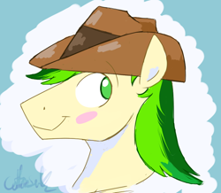 Size: 720x627 | Tagged: safe, artist:cottonsulk, imported from derpibooru, oc, oc only, pony, blush sticker, blushing, bust, hat, looking back, male, solo, stallion