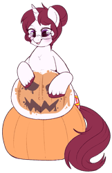 Size: 657x1015 | Tagged: safe, artist:lulubell, imported from derpibooru, oc, oc:amy, pony, unicorn, belly, belly painting, big belly, bodypaint, female, glasses, hair bun, mare, painted, pregnant, pumpkin, simple background, solo, transparent background