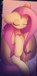 Size: 1055x2160 | Tagged: safe, artist:miryelis, imported from derpibooru, part of a set, fluttershy, pegasus, pony, big ears, cute, daaaaaaaaaaaw, element of kindness, eyes closed, full body, gradient background, impossibly large ears, long hair, one ear down, shyabetes, signature, smiling, solo, sparkles, text, wings