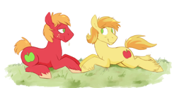 Size: 1280x640 | Tagged: safe, artist:cottonsulk, imported from derpibooru, big macintosh, braeburn, earth pony, pony, applecest, braemac, cousins, duo, gay, incest, looking at each other, looking at someone, male, nudity, sheath, shipping, stallion
