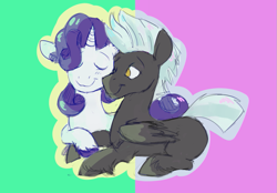 Size: 997x692 | Tagged: safe, artist:cottonsulk, imported from derpibooru, rarity, thunderlane, pegasus, pony, unicorn, elusive, eyes closed, gay, male, rule 63, shipping, stallion