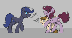 Size: 1280x682 | Tagged: safe, artist:notsafeforhoofs, imported from derpibooru, oc, oc only, oc:cottonsulk, earth pony, pegasus, pony, blushing, looking at each other, looking at someone, male, nudity, sheath, stallion, trio, trio male