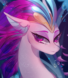Size: 3049x3500 | Tagged: safe, artist:kefirro7, imported from derpibooru, queen novo, seapony (g4), my little pony: the movie, beautiful, bubble, bust, closed mouth, crown, digital art, eyebrows, eyelashes, eyeshadow, female, flowing mane, frown, glowing, high res, jewelry, lipstick, looking at you, makeup, ocean, portrait, purple eyes, purple mane, regalia, scales, seaquestria, signature, solo, throne room, underwater, water