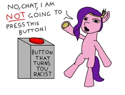 Size: 772x590 | Tagged: safe, artist:marshmallowhors, imported from derpibooru, pipp petals, pegasus, pony, bipedal, button, female, g5, jerma985, mare, shitposting, simple background, solo, white background