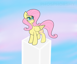 Size: 5376x4526 | Tagged: safe, artist:phosphorshy, imported from derpibooru, fluttershy, pegasus, pony, absurd resolution, chest fluff, ear fluff, eyes open, folded wings, gradient background, looking away, looking up, pillar, pride, pride flag, solo, standing, transgender pride flag, turned head, wings