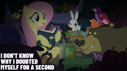 Size: 1920x1080 | Tagged: safe, edit, edited screencap, editor:quoterific, imported from derpibooru, screencap, angel bunny, fluttershy, harry, bird, scare master, apple, book, carrot, food, peanut butter