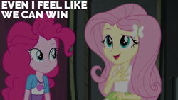 Size: 1920x1080 | Tagged: safe, edit, edited screencap, editor:quoterific, imported from derpibooru, screencap, fluttershy, pinkie pie, human, equestria girls, friendship games