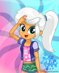Size: 2015x2490 | Tagged: safe, artist:rjp.rammy, imported from derpibooru, oc, oc only, oc:carlina huenna, human, equestria girls, clothes, female, high res, jacket, looking at you, open mouth, open smile, orange skin, ponytail, shorts, smiling, smiling at you, solo, white hair