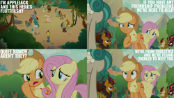 Size: 2000x1125 | Tagged: safe, edit, edited screencap, editor:quoterific, imported from derpibooru, screencap, applejack, autumn afternoon, cinder glow, fern flare, fluttershy, forest fall, maple brown, pumpkin smoke, rain shine, sparkling brook, spring glow, summer flare, winter flame, earth pony, kirin, pegasus, pony, sounds of silence, applejack's hat, cowboy hat, hat