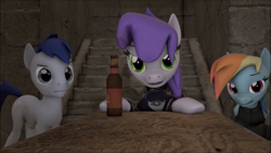 Size: 2001x1125 | Tagged: artist needed, safe, imported from derpibooru, oc, oc:dawn (project horizons), oc:morning glory (project horizons), oc:p-21, earth pony, pegasus, pony, fallout equestria, fallout equestria: project horizons, 3d, bottle, drink, fanfic art, female, green eyes, male, mare, mother and child, mother and daughter, smiling, source filmmaker, stallion, table, wild pegasus