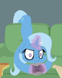 Size: 346x431 | Tagged: safe, artist:marshmallowhors, imported from derpibooru, trixie, pony, unicorn, controller, couch, female, food, mare, pizza, solo