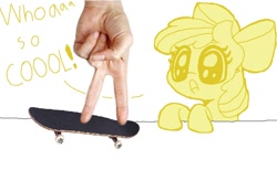 Size: 734x452 | Tagged: safe, artist:marshmallowhors, imported from derpibooru, apple bloom, earth pony, pony, apple bloom's bow, bow, female, filly, foal, hair bow, hand, simple background, skateboard, solo, tech deck, white background