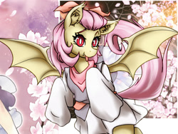 Size: 1024x768 | Tagged: safe, artist:astevenamedwolf, imported from derpibooru, fluttershy, bat pony, pony, alternate hairstyle, bat ponified, clothes, ear fluff, fangs, female, flutterbat, mare, race swap, solo, spread wings, tongue out, wings