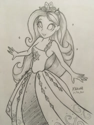 Size: 900x1200 | Tagged: safe, artist:astevenamedwolf, imported from derpibooru, fluttershy, human, costume conundrum, equestria girls, equestria girls series, spoiler:eqg series (season 2), clothes, costume, dress, female, grayscale, jewelry, monochrome, pencil drawing, signature, smiling, solo, tiara, traditional art