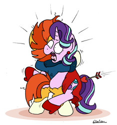 Size: 1812x1926 | Tagged: safe, artist:bobthedalek, imported from derpibooru, starlight glimmer, sunburst, pony, unicorn, arrow, bipedal, clothes, coat markings, dancing, dress, ear piercing, earring, female, heart arrow, hearts and hooves day, high heels, jacket, jewelry, literal butthurt, male, mare, messy mane, ouch, pain, piercing, screaming, shipping, shocked, shocked expression, shoes, simple background, socks (coat markings), stallion, starburst, straight, white background