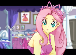 Size: 1024x742 | Tagged: safe, artist:astevenamedwolf, imported from derpibooru, fluttershy, human, costume conundrum, equestria girls, equestria girls series, spoiler:eqg series (season 2), bare shoulders, breasts, clothes, costume, cute, dress, eye clipping through hair, female, jewelry, looking at you, rarity's bedroom, shyabetes, sleeveless, solo, strapless, tiara