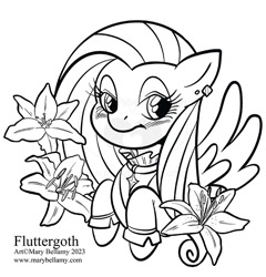 Size: 622x648 | Tagged: safe, artist:marybellamy, imported from derpibooru, fluttershy, pegasus, pony, bust, commission, flower, fluttergoth, goth, lightly watermarked, lineart, simple background, solo, updated image, watermark, white background, zorilita