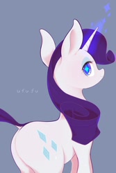 Size: 1370x2048 | Tagged: safe, artist:noupu, imported from derpibooru, rarity, pony, unicorn, blue background, butt, dock, glowing, glowing horn, horn, looking at you, looking back, looking back at you, plot, rearity, simple background, solo, starry eyes, tail, wingding eyes