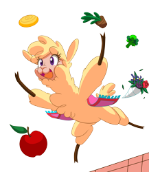 Size: 3145x3618 | Tagged: safe, artist:janji009, imported from derpibooru, alpaca, them's fightin' herds, apple, bouquet of flowers, broccoli, cinnamon bun, cloven hooves, community related, female, flower, food, open mouth, open smile, paprika (tfh), potted plant, simple background, smiling, solo, transparent background