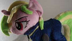 Size: 3888x2222 | Tagged: safe, artist:bastler, imported from derpibooru, oc, oc only, oc:iron sonata, pony, unicorn, fallout equestria, clothes, eye scar, facial scar, female, horn, irl, jumpsuit, mare, photo, plushie, red eyes, scar, solo, unicorn oc, vault suit