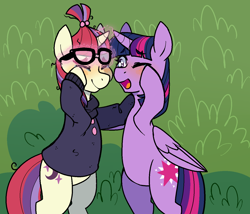 Size: 1396x1194 | Tagged: safe, artist:/d/non, imported from derpibooru, moondancer, twilight sparkle, alicorn, unicorn, amending fences, bipedal, blushing, clothes, crying, eyes closed, februpony, februpony 2023, glasses, magic, one eye closed, open mouth, ponytail, scene interpretation, standing on two hooves, sweater, twilight sparkle (alicorn)