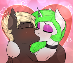 Size: 2625x2270 | Tagged: safe, artist:sketchy knight, imported from derpibooru, oc, oc only, bat pony, pony, unicorn, bat wings, blushing, choker, commission, cute, ear piercing, earring, eyes closed, female, holiday, horn, horn jewelry, horn ring, jewelry, kiss on the lips, kissing, makeup, male, nose piercing, oc x oc, passionate, piercing, ring, shipping, valentine's day, wings, ych result, your character here