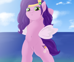 Size: 1280x1080 | Tagged: safe, artist:reinbou, imported from derpibooru, pipp petals, pegasus, pony, semi-anthro, adorapipp, beach, belly, belly button, bipedal, cute, featureless crotch, g5, light, solo