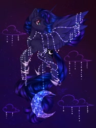 Size: 960x1280 | Tagged: safe, artist:jsunlight, imported from derpibooru, princess luna, alicorn, pony, cloud, female, flying, lights, looking back, mare, needs more jpeg, solo, stars