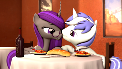 Size: 3840x2160 | Tagged: safe, artist:scratch_wub, imported from derpibooru, oc, oc only, oc:etheria galaxia, oc:scratch wub, 3d, alcohol, baguette, bread, dinner, food, holding hooves, holiday, kissing, pasta, romantic, shipping, source filmmaker, spaghetti, valentine's day, wine