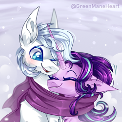 Size: 3000x3000 | Tagged: safe, artist:greenmaneheart, imported from derpibooru, double diamond, starlight glimmer, earth pony, pony, unicorn, clothes, female, glimmerdiamond, male, mare, scarf, shared clothing, shared scarf, shipping, stallion, straight