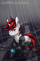 Size: 1440x2160 | Tagged: safe, artist:luckynb, imported from derpibooru, oc, oc only, oc:blackjack, cyborg, cyborg pony, pony, unicorn, fallout equestria, fallout equestria: project horizons, amputee, cybernetic legs, fanfic, fanfic art, female, mare, pipbuck, prosthetic leg, prosthetic limb, prosthetics, rain, solo