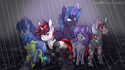 Size: 3840x2160 | Tagged: safe, artist:luckynb, imported from derpibooru, oc, oc only, oc:blackjack, oc:lacunae, oc:morning glory (project horizons), oc:p-21, oc:rampage, oc:scotch tape, alicorn, cyborg, cyborg pony, earth pony, pegasus, pony, unicorn, fallout equestria, fallout equestria: project horizons, 4k, alicorn oc, amputee, armor, earth pony oc, fanfic, fanfic art, female, high res, horn, magic, mare, pegasus oc, pipbuck, prosthetic leg, prosthetic limb, prosthetics, rain, unicorn oc, wings