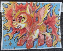 Size: 3337x2736 | Tagged: safe, artist:annuthecatgirl, imported from derpibooru, daybreaker, alicorn, pony, armor, female, gold tooth, high res, mare, solo, spread wings, teeth, traditional art, wings