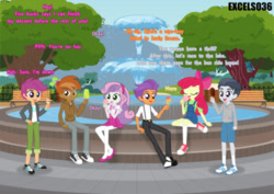 Size: 1291x913 | Tagged: safe, artist:excelso36, imported from derpibooru, apple bloom, button mash, rumble, scootaloo, sweetie belle, tender taps, human, equestria girls, casual, clothes, commission, converse, dialogue, eating, equestria girls-ified, female, food, fountain, ice cream, long socks, male, microskirt, miniskirt, park, pleated skirt, shoes, skirt, socks, suspenders, thigh highs, thigh socks