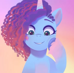 Size: 1913x1883 | Tagged: safe, alternate version, artist:maren, imported from derpibooru, pony, unicorn, cropped, cute, female, g5, gradient background, misty brightdawn, mistybetes, open mouth, open smile, simple background, smiling