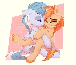 Size: 2343x2000 | Tagged: safe, artist:thegamblehorse, imported from twibooru, oc, oc only, oc:avie, oc:parlay, earth pony, pony, unicorn, banned from derpibooru, cuddling, hug, image, needs more jpeg