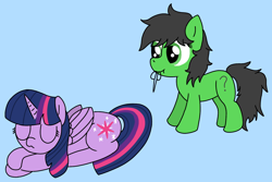 Size: 1500x1000 | Tagged: safe, artist:shuffle, twilight sparkle, oc, oc:filly anon, alicorn, earth pony, pony, female, filly, lying down, mare, scissors, secret santa, sleeping