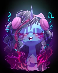 Size: 960x1200 | Tagged: safe, artist:jully-park, imported from derpibooru, pony, unicorn, black background, cornrows, digital art, g5, headphones, misty, music notes, simple background, solo