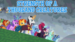 Size: 960x540 | Tagged: safe, edit, edited screencap, editor:undeadponysoldier, imported from ponybooru, screencap, chancellor neighsay, flam, flim, gilda, lyra heartstrings, moondancer, princess ember, stellar flare, sunburst, tempest shadow, trixie, twilight velvet, dragon, earth pony, griffon, pegasus, pony, unicorn, the ending of the end, brothers, everycreature, everypony, female, flim flam brothers, glowing horn, horn, identical twins, low effort caption, male, mare, nightlight, parody, siblings, song reference, stallion, strength of a thousand men, twin brothers, twins, two steps from hell