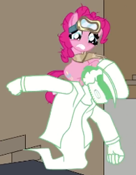 Size: 201x258 | Tagged: safe, artist:fasttoon, edit, imported from derpibooru, pinkie pie, earth pony, ghost, human, pony, undead, clothes, cropped, dumpster, female, friday night funkin', garcello, gloves, goggles, hat, male, mare, ouch, scarf, socks, sweater, worried