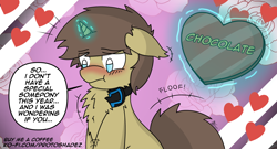 Size: 3600x1945 | Tagged: safe, artist:protoshadez, imported from derpibooru, oc, oc only, oc:shadez, pony, unicorn, blushing, chest fluff, chocolate, comic, cute, fluffy, food, heart, hearts and hooves day, holiday, horn, lonely, solo, unicorn oc, valentine, valentine's day