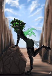 Size: 820x1180 | Tagged: safe, artist:stirren, imported from derpibooru, oc, anthro, changeling, bodysuit, changeling oc, clothes, gloves, green changeling, latex, pinup, pose, socks, standing