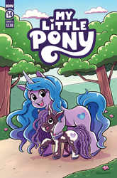 Size: 2063x3131 | Tagged: safe, idw, imported from derpibooru, izzy moonbow, pony, unicorn, spoiler:comic, spoiler:g5, spoiler:g5comic, spoiler:g5comic14, bracelet, coat markings, comic cover, cute, dreadlocks, duo, duo female, eyebrows, eyebrows visible through hair, female, filly, flower, foal, friendship bracelet, g5, high res, jewelry, mare, official, official comic, open mouth, open smile, pinto, smiling, tree, unshorn fetlocks, violette rainbow, vitiligo